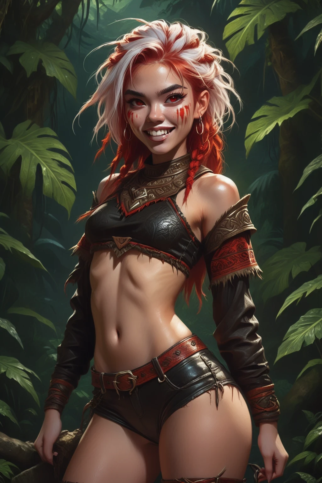 Beaming slime. Slender body. Lean body-type. Marble-White skin. Cute 18-year-old Aztec and Indonesian girl with Asian red eyes and unnaturally sharp shark-like teeth and dreadlocks (white and red hair). Intense red eyes. Sharp and shark-like teeth. She has a cute and beautiful face. Her body is athletic with abs and A-Cup. She wears a beaten-up Aztec leather top and laced leather hotpants. Background: medieval jungle ruins. Realistic lighting. DnD art-style. fake box art, semi-realistic, Looking at the viewer. Drawn like the artist Bob Kehl.