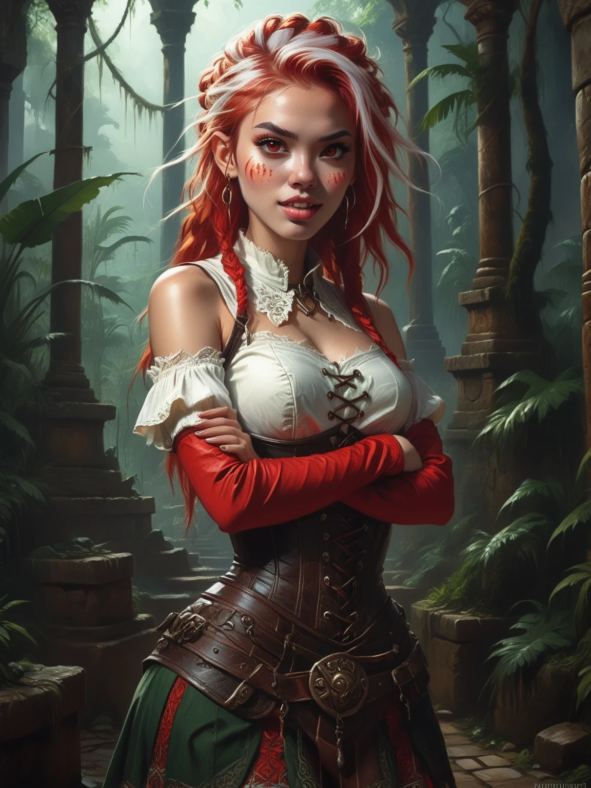 Friendly. Slender body. Lean body-type. Marble-White skin. Cute 18-year-old Aztec and Indonesian girl with Asian red eyes and unnaturally sharp teeth and dreadlocks (white and red hair). Intense red eyes. Sharp and shark-like teeth. She has a cute and beautiful face. She has a cute and broad nose. She has a round and young face with a pointy chin. Pointy chin. Her body is athletic with abs and A-Cup. She wears an intricate leather high-waist-skirt with laced corset, and a white blouse, and leather cuffs. Background: medieval jungle ruins. Realistic lighting. DnD art-style. fake box art, semi-realistic, Looking at the viewer. Drawn like the artist Bob Kehl.
