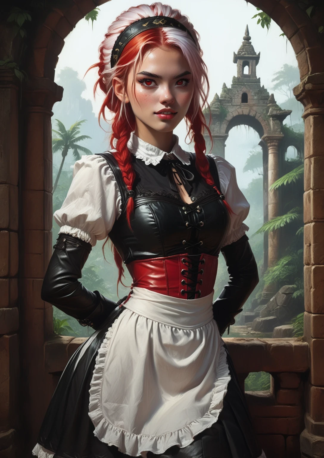 Slender body. Lean body-type. Marble-White skin. Fair skin. Cute 18-year-old Aztec and Indonesian girl with Asian red eyes and unnaturally sharp teeth and dreadlocks (bi-coloured hair: white and red hair; white highlights in her hair). Small head. Intense red eyes. Sharp and shark-like teeth. She has a cute and beautiful face. She has a cute and broad nose. She has a round and young face with a pointy chin. Her body is athletic with abs and A-Cup. She wears an intricate, shiny, black leather maid-dress with tight-laced red corset (Spanish-style) and a maid-headband. Background: medieval jungle ruins. Realistic lighting. DnD art-style. fake box art, semi-realistic, Looking at the viewer. Drawn like the artist Bob Kehl.