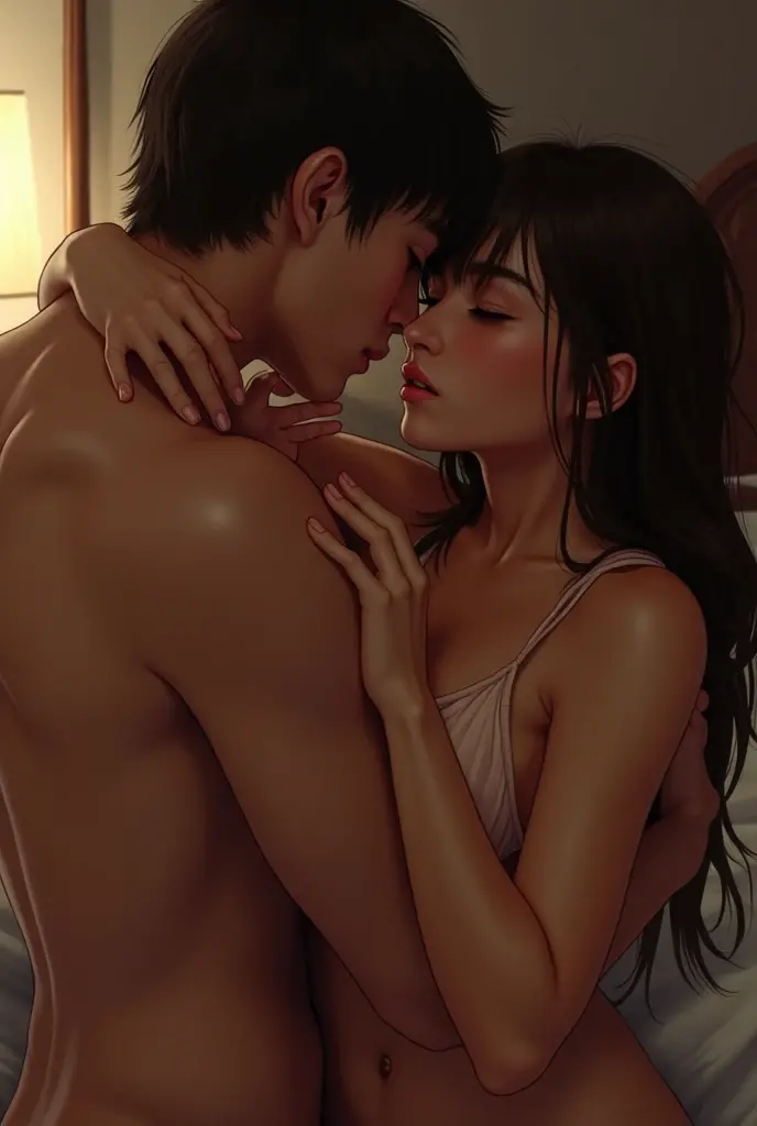 high quality, detailed, Realistic, (one 16 years old japanese boy), (detailed black eyes), (abs:1.5), (shiny skin), detailed nipples, black hair, (black tiny thong), (erected bulge), summer noon, (smile:0.7), close up face, laying, kiss to nipple,