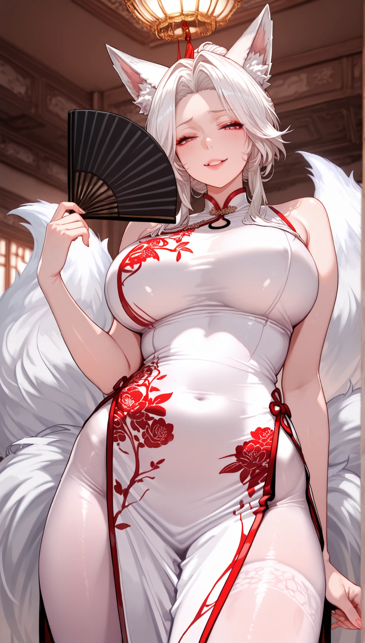 (((absurdres))), (((masterpiece))), (((best quality))), ((ultra-detailed)), ultra high quality, realistic, (real picture, intricate details, depth of field), ((((1girl, solo)))), make up, parted lips, highly-detailed, perfect face, (((mature woman, milf, skindentation))), ((huge breasts, wide hips, toned abdomen)), tall, glossy lips, sexy, blushing, ((white hair, blunt bangs, very long hair)), ((beautiful red eyes)), ((earrings, hair ornaments, choker)), (((chinese dress, cleavage, fur coat, thigh highs, gloves))), (((erotic pose, standing))), smile, (((ballroom, midnight:1.3)))