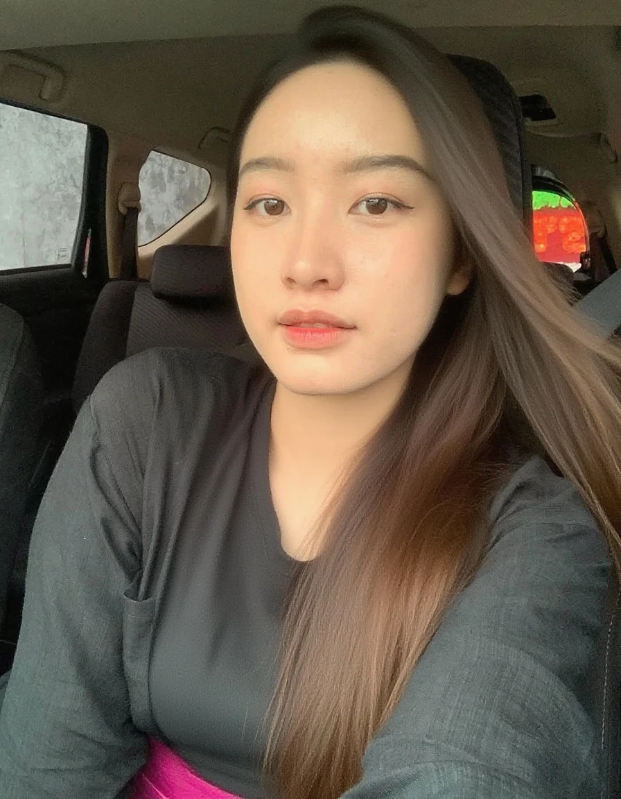 a close up of a woman sitting in a car with a black shirt, south east asian with round face, 1 8 yo, without makeup, mai anh tran, with round face, asian face, 2 7 years old, a young asian woman, nivanh chanthara, 2 8 years old, young cute wan asian face, an asian woman