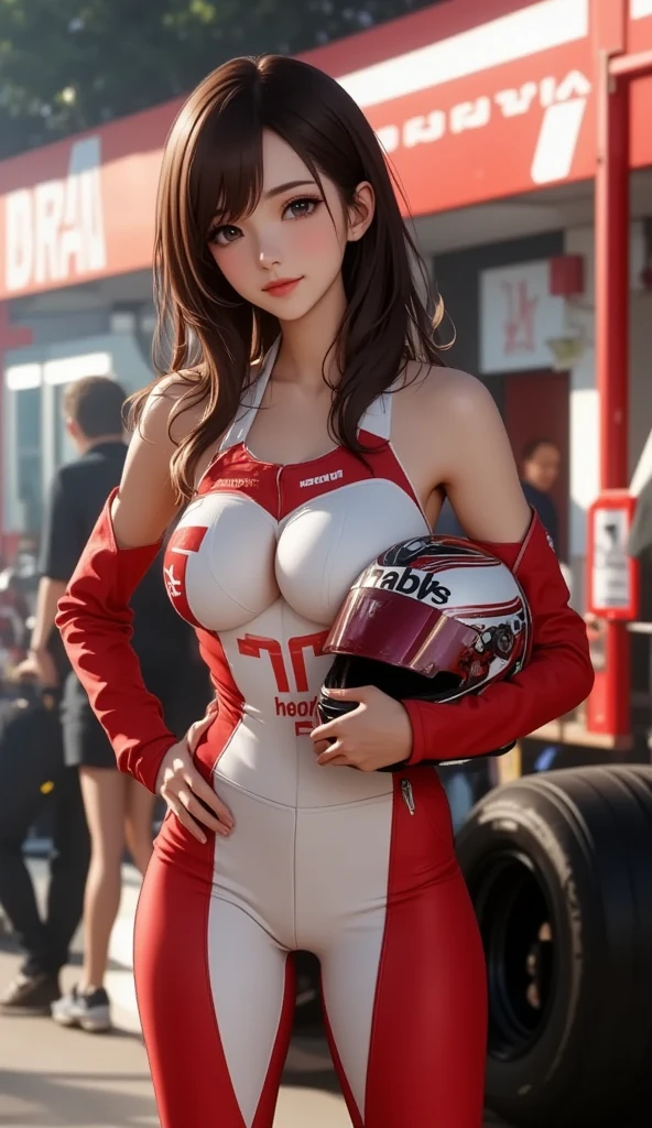 (masterpiece), (top-quality), sunset, natural lights, ,(realistic:1.5), 1girl, long red hair flowing in the wind, dark skin, wearing a white racing driver suit, accentuated super huge enormously gigantic tits cleavage showing, moonlight eyes, smiling, sexy seductive slutty pose, curvy athletic, looking at viewer, eye contact, stunningly beautiful 20 years old racing driver, racing track, sports car, sexy seductive slutty dynamic pose, action pose, detailed racing track in background, alluring, seductive_pose, natural lights, cleavage showing, athletic body, accentuated super huge enormously gigantic breasts, upper body, mid shot, masterpiece, detailed, mature, bright colors, high saturation, stunningly beautiful girl, dark brown eyes, pink hair, precise hands, moaning, happy, smle, seductive, Clear eyes, Shining eyes,, ultra-definition, Top resolution, soft lightning