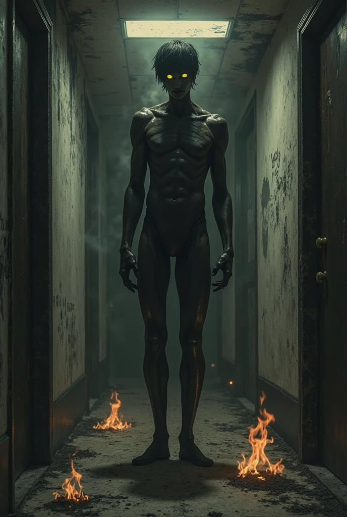 A nude blank-faced man is standing outside the picture frame
Inside is cold and cozy
Outside of the frame is hell full of thorns and fire