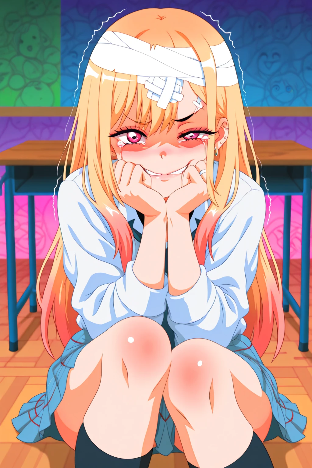 ((Highest quality, 8K, masterpiece: 1.3, One girl, beautiful girl)), cute, dynamism, Detailed face, Detailed skin, Detailed clothing, Fine grain, Detailed lips, Detailed tongue, Detailed fingers, Mouth details, Realistic, RAW Photos, High resolution, Natural light, Dynamic pose, Perfect Anatomy, Toned Legs, double eyelid, Tear bags, Round eyes, Moist lips, Sweaty, ((This passage, Marine Kitagawa)) Blonde and pink hair, Metal collar, ear Earrings, Earrings, Long Hair, Earrings, Red Eyes, Straight hair, Swept-apart bangs, Gradient Hair, School uniform, White shirt, tie, Checkered Pleated Skirt, Ecstatic face, Ahegao, Drooling, View your viewers, (Pull down your panties, Grab your own chest), In the classroom at sunset, pubic hair