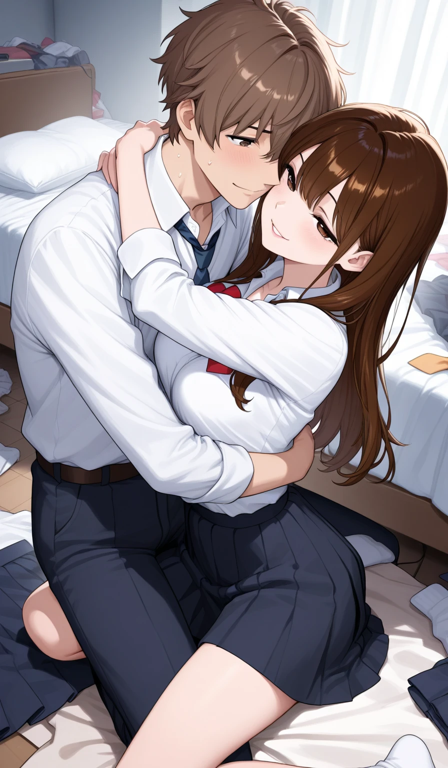 How to sit a girl，Depth of written boundary, delicate eyes, full hand, 余分な手feetなし，arm２Book，feet２Book，distinct nose bridge，fine skin、Smooth、perfect beauty、((small breasts))、thin，((Natural style))，((brown hair))、Book当に美しい、beautiful profile，perfect style，Ahegao，((boyish clothes))，((ponytail))，Western-style room，on the bed，lighting dark，１put your wrist on top of someone２Book，１人にfeet首２Book，my face turned red，Don&#39;Do not fold your hands，feetは組まない，((Kiss between girls))，((hug each other and have a deep kiss))、((kiss the eye))，((nude))、((girly clothes))，((natural posture))，((正しい手feetの数))，((high school girl))、((joy))、((joy))，((Crotch fingers))，((touch your chest))，((French kiss))