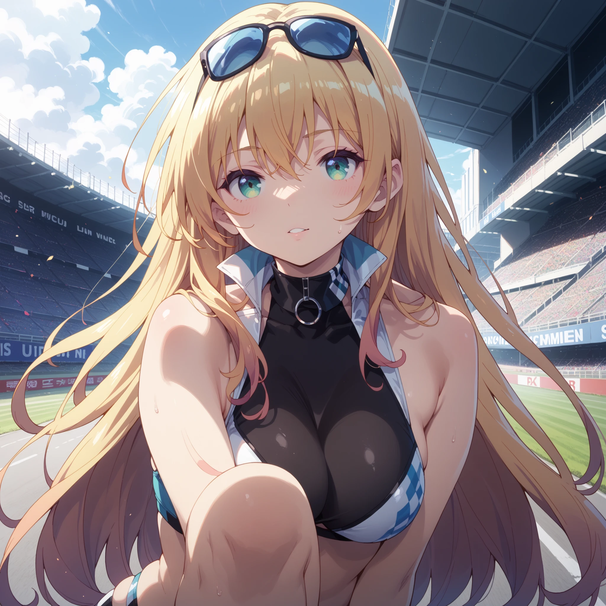 masterpiece, best quality, <lora:Race Queen Outfit of Shinano:1>, race queen, highleg leotard, microskirt, <lora:Lumine - Numeratic:1>, luminernd, blonde, bangs over the eyes, large eyes, looking at viewer, smirk, high heels, standing, posing, race_track, zettai ryouiki, hair flower, hair ornament, arms up, hands_behind_head, short hair