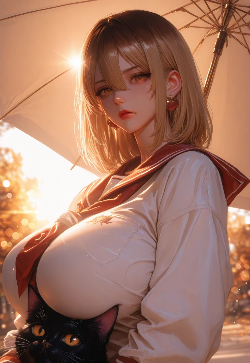 (ultra realistic,32k,RAW photo:1.1),(high detailed skin:1.1), 8k uhd, dslr, high quality, film grain,(makeup, mascara:1.1) , lips,(thick\lips\),
,(shiny glossy translucent clothing:1.1), <lora:toga_himiko:0.7>toga_himiko, school uniform, serafuku, sailor collar, cardigan , (huge breast:0.9), <lora:add_detail:0.79>,
Stretching both arms overhead,
(busty:1.1) , (chubby:0.1),(Specular highlight golden hour :1.1),<lora:LowRA:0.4>, dark theme ,moonlit lagoon, silver waters, luminescent creatures, mystical atmosphere, ,(glowing lights background:1.1)