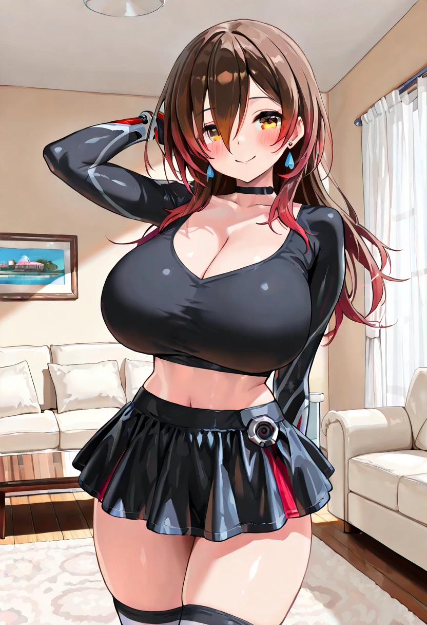 Nishikino make love live, purple eyes,red hair, medium hair,cross-laced top, red latex microskirt, big breasts, underwear visible, blushing, thick body, skin tight, standing, thighs , looking at viewer, indoors ,head tilt,(lipstick:0.7), sexual seduction