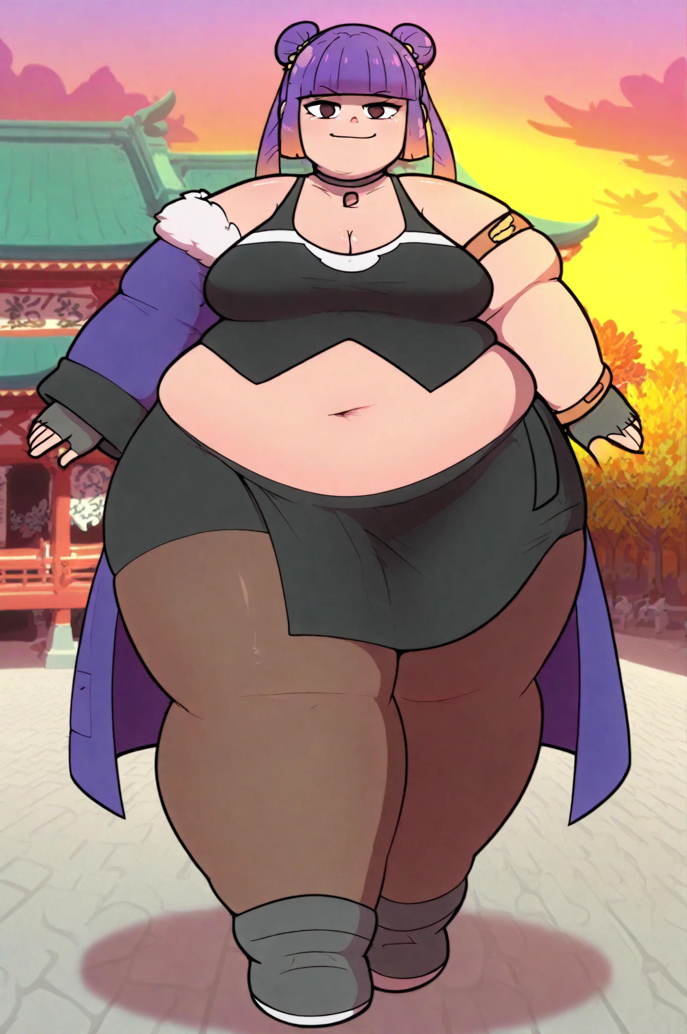 (masterpiece), best quality, female warrior, huge girl, female muscular:1.2, (curvy:1.6), (((blank background))), ((full body)), fingerless gloves, sandals, sleeveless, covered nipples, ((buzzcut hairstyle)), purple hair, hair over eyes, ((very big legs:1.4))