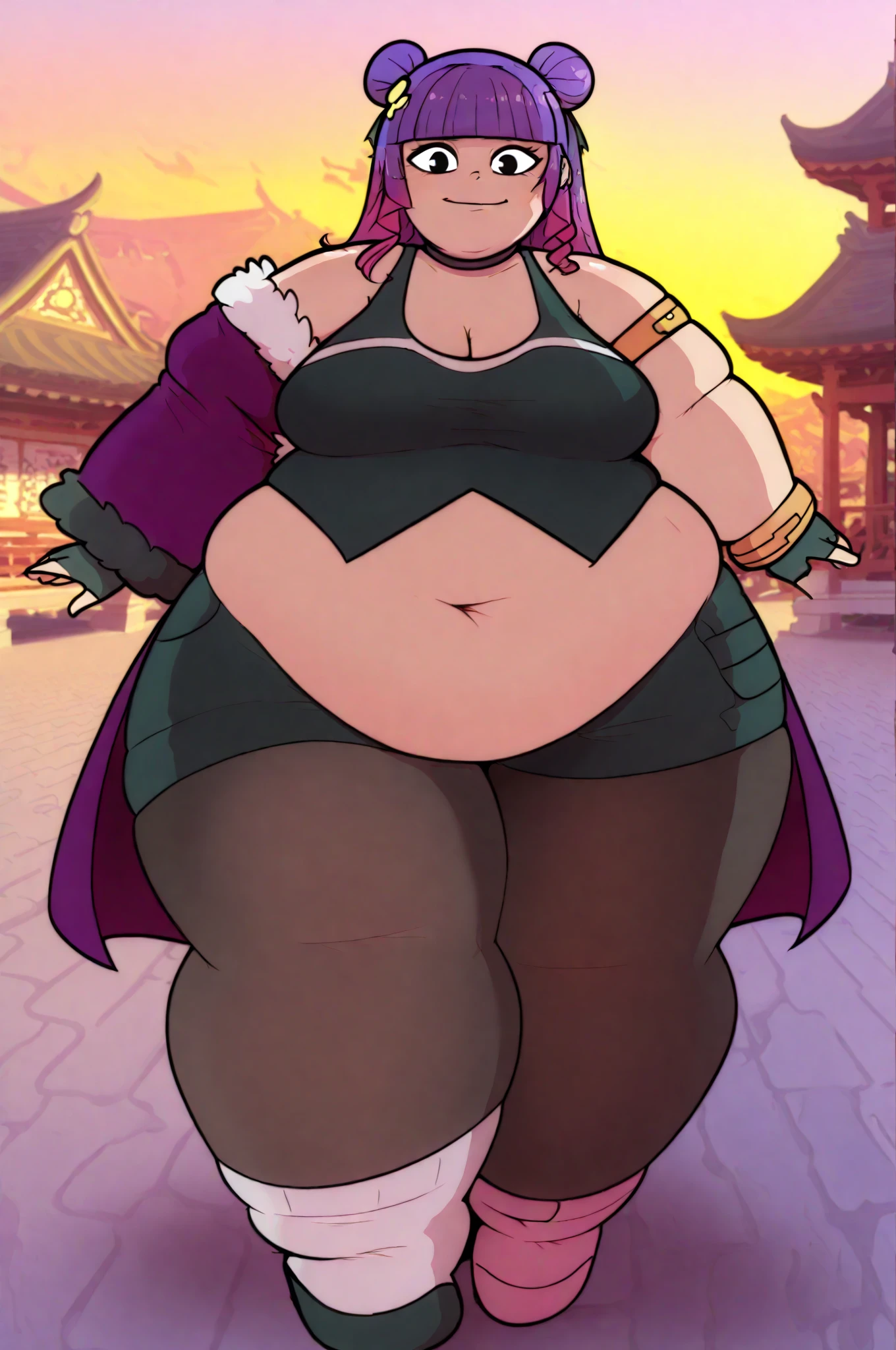 (masterpiece), best quality, expressive eyes, perfect face, demon girl, huge girl, female muscular:1.2, big horns, big breast:1, curvy:1.4, tiara, short hair, barefeet, evil smile, ((blank background)), (full body framing), ((thick thighs:1.4)), (long legs:1.7), amazon body, toeless boots, tattoo, purple skin, red eyes, (purple skin tone )