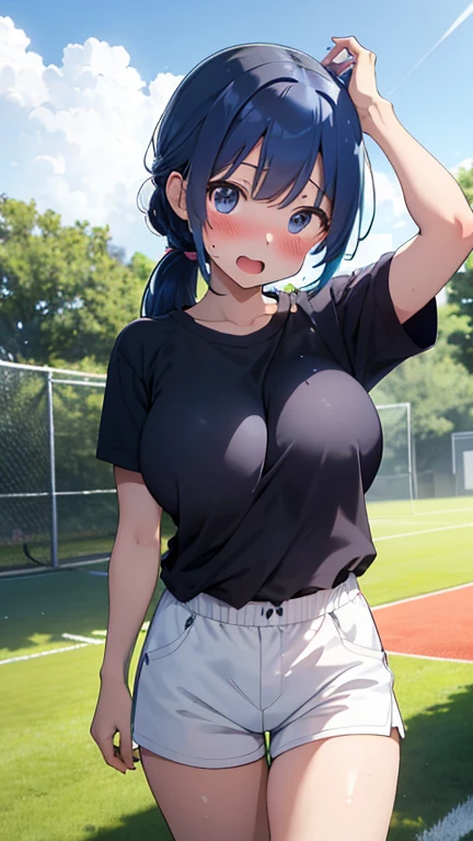 mastute piece,Best Quality,insanely detailed,8k cg,nsfw,
shoot upper body,(body in front:1.1),
1girl,standing,looking at viewer,Proudly、(upright:1.3),(school gymwear,buruma),
break,blush,shy,(trembling:1.2),break,(Blue Hair),(large breasts),Short:1.2、(open mouth:0.9),(outdoor sports field),