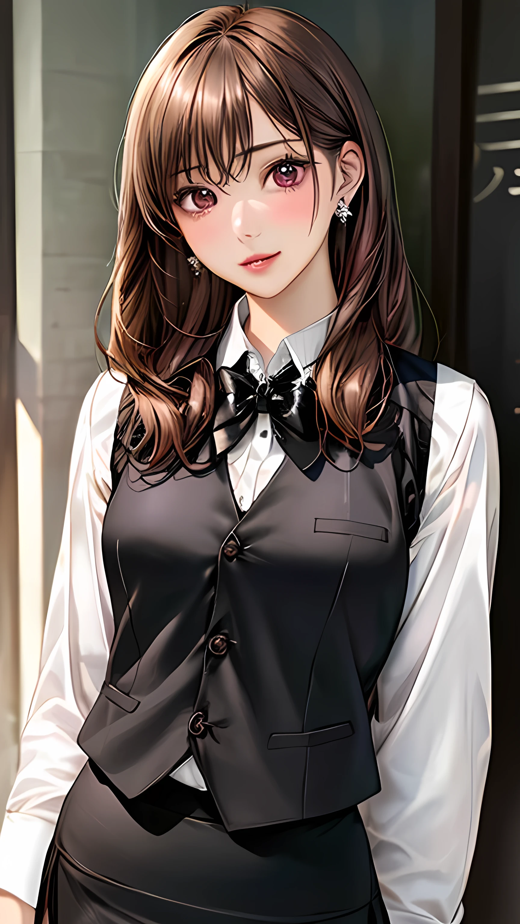 ((((perfect anatomy, super detailed skin)))), 1 girl, japanese, 17 years old, (detailed ultra-oily shiny skin:1.1), watching the view, (embarrassed:1.1),
beautiful hair, beautiful face, beautiful detailed eyes, (long hair:1.4, straight hair:1.7), light brown hair, (beautiful large breasts:1.3), earring,
beautiful clavicle, beautiful body, beautiful chest, beautiful thigh, beautiful legs, beautiful detailed fingers, five fingers, babyface, , breast,
(((long sleeves white collared shirt, black suit vest, black tight skirt, black bow tie), oily shiny thigh, see-through pink panty, extremely sexy, crotch, seductive thighs, camel toe)),
(beautiful scenery), office, sitting, ((skirt lift by myself)), ,
(8k, top-quality, masterpiece:1.2, extremely detailed, , ), (photorealistic), beautiful illustration, cinematic lighting,