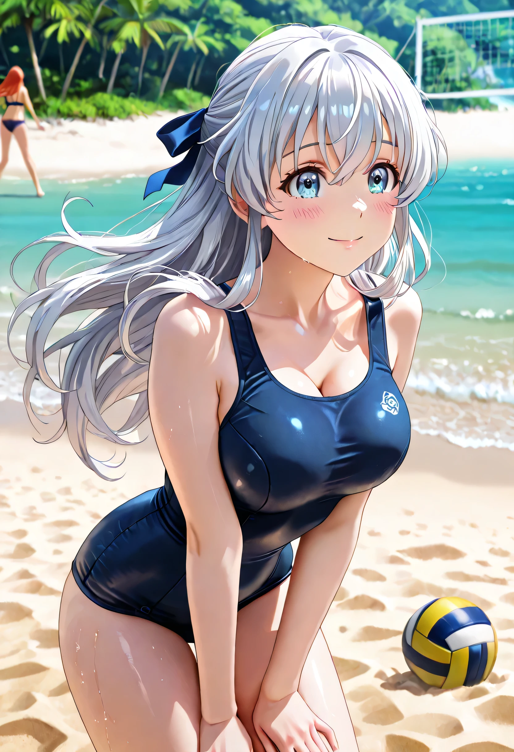High resolution、Girl、Silver Hair、Long Hair,Brown skin、Lion ears、blue eyes、Slender、Toned body、Ocean,Swimwear,Halter neck,summer,7moon,Sweat,blue sky,