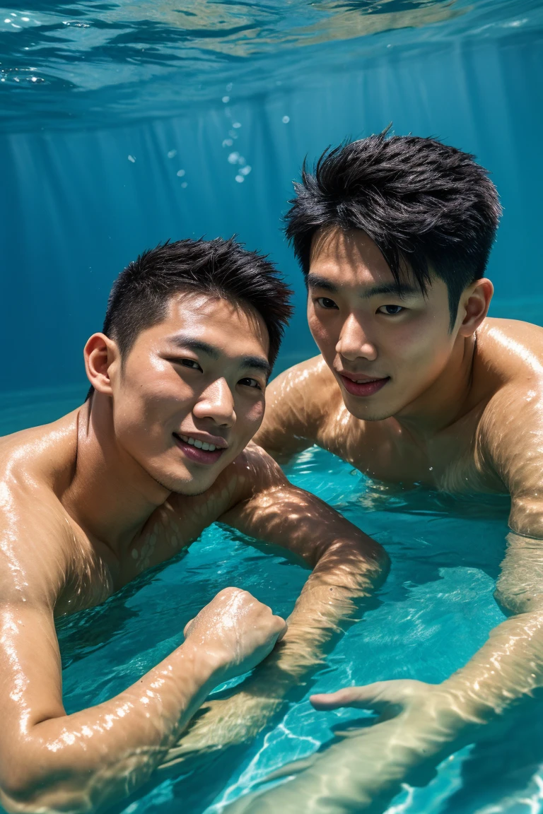 Create a photo of a white Asian boy, smile, Athlete-looking man with blue eyes in a swimming pool
