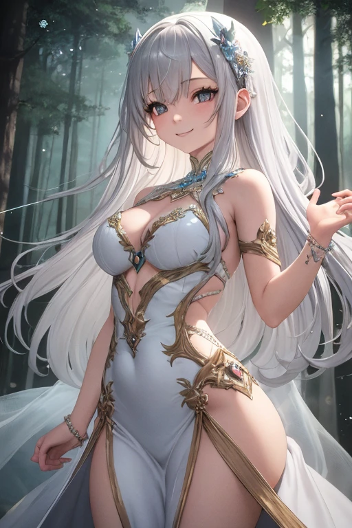 ((best quality)), ((masterpiece)), (detailed), 1girl, adult woman with brown blondeish hair and silver blue eyes wearing a long white gown in the middle of the forest