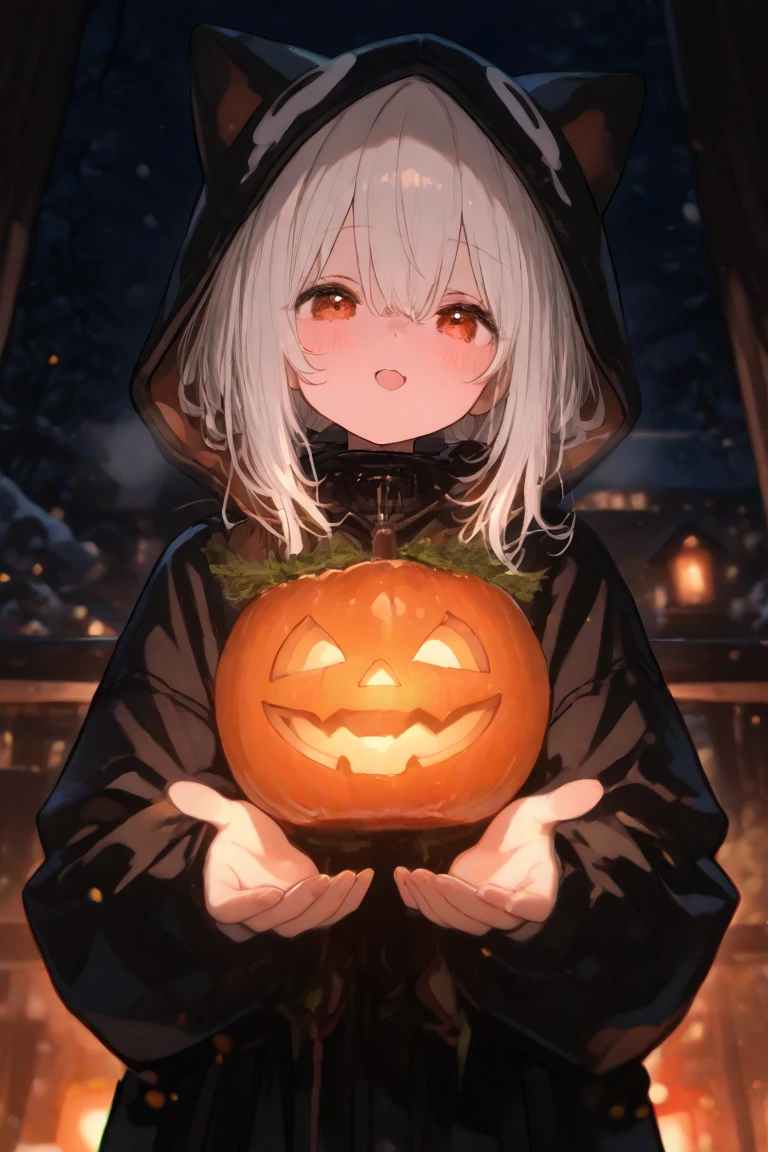 (top-quality、in 8K、32K、​masterpiece、nffsw、超A high resolution、Impresionismo、Photorealsitic:1.2)、Colossal tits、cowboy  shot、Fox Pose、 detailed faces and eyes、 nightcity、Dim Street Lights、A jack-o'-lantern is placed on the road、Halloween Costumes、beauitful face、blurry backround、16-year-old beautiful girl、shinny skin、long、Wolf ears、Wolf's tail、Long clawed fingers、Silvery beautiful hair、Blunt bangs、The eyes are yellow eyes、(Katyusha:1.2)、Long wolf hand、Hooded pink hoodie、Mini skirt、Collar with black laces、Curve、Stand on one knee、(Panties are visible:1.2)、A smile with open mouth and fangs bared、Triangular sitting、Opening legs