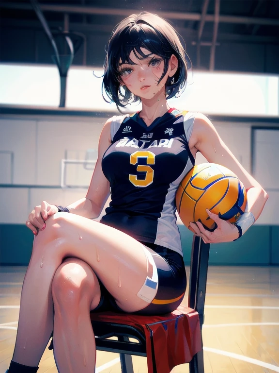 Japanese short black hair high school girl painting style。
oil。
Volleyball club practicing in the gym。
The uniform is white and blue on top、Black spats underneath。
The number on his front is 10. It looks like a photograph.。
From head to butt like an oil painting、Lying on the floor with her thighs visible