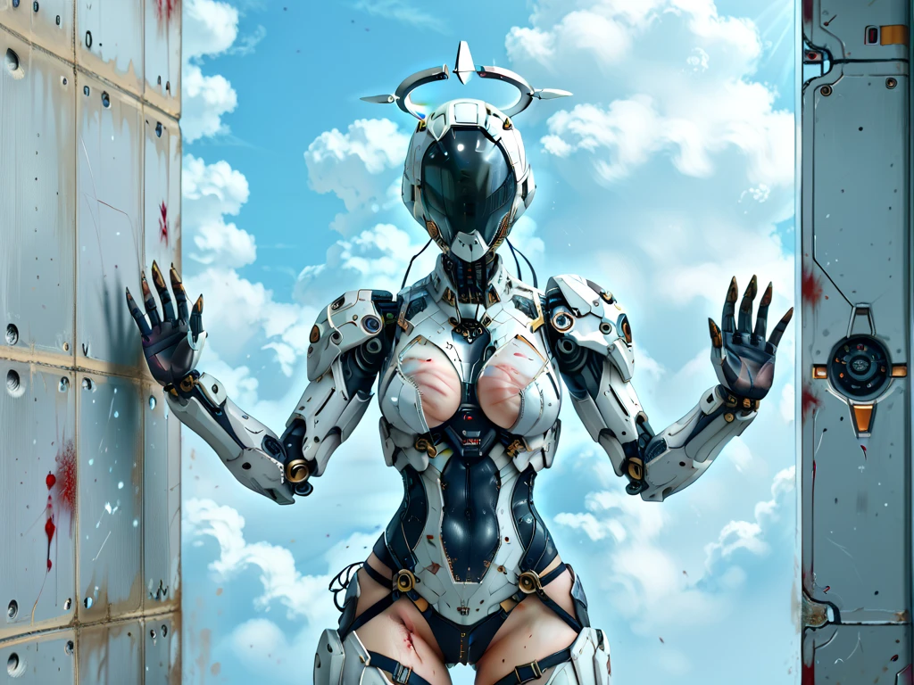 masterpiece, official art, 4k, best quality, high quality, 8k, (contrast), {{{vibrant}}}, ((ultra-detailed)), finely detail, Depth of field, (bloom), ray tracing, 1girl, solo, tail,tall,arms,(zoids:1.3), no humans, robot, mecha, science fiction, mecha beast, (small breasts, thick thighs, wide hips:1.3), nipples, navel, pussy, outdoors