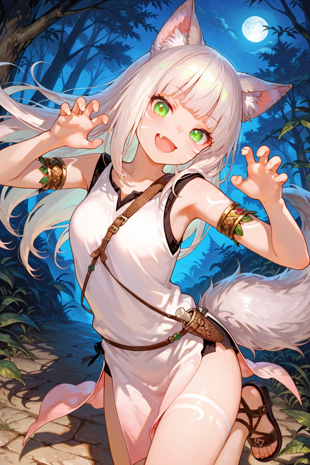 Manga girl with small fox ears, ivy vine bikini, brown leather shoulder armor, white hair and skin, light wounds, blood spatter, dynamic fighting pose with green glowing spear. Background of magical forest, trees, fern, leaves, ivy