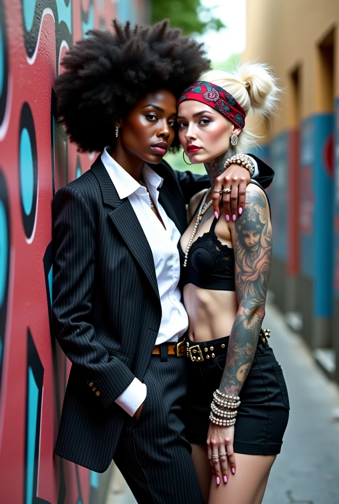 Two russian old milf women: the dominant aggressive dark skinned black woman in business pinstripe suit (jacket and trousers), black heeled shoeslong nails and afro hair, standing up with separated legs and possessive stance showing off her new white girlfriend to the camera (arm around her girlfriends' neck squishing her tightly, touching the neck of the white woman with her other hand, like a predator on her prey). Next to her, her white rich drunk girlfriend looks at the camera  (white woman is very pale: pale face, pale neck, pale chest, pale arms, pale hands, pale stomach, pale leg), white woman stretches her neck and looks at the camera  feeling overwhelmed by her girlfriend. white woman is shy and submissive, feeling dizzy and needy white woman is being seduced. White woman stands up on her tiptoes, White woman"s body is twisted and unstable, the hands of white woman in her pockets. with hands on her belt. White woman dresses in  rock chic style: Black skinny leather low rise jeans with white seams, platinum blonde hair (pouf, top bun, wide colourful bandana as headband) and oversized square sunglasses as headband. Big lips with no makeup. Black studded leather push up bra, big breasts. Barefoot.. Lots of thick wide studded bracelets in the wrists of the white woman, big pearl necklaces around the necks of the white woman, and big rings, Pearl earrings. Wide loose studded belt with big solid buckle. Loose chains and studded belts around the hips of the white woman. White woman is lazy, leaning on her girlfriend.. The white woman is densely tattooed on neck, tattoed chest, tattoed arms, tattoed stomach, tattoed legs, wrists and feet. White woman has well Toned abdominals, thin neck, slim legs and thin arms. White woman has Narrow hips and noticeable tigh gap. The body of the white woman is twisted in a lazy posture. Full body. On a narrow street with graffitied walls 