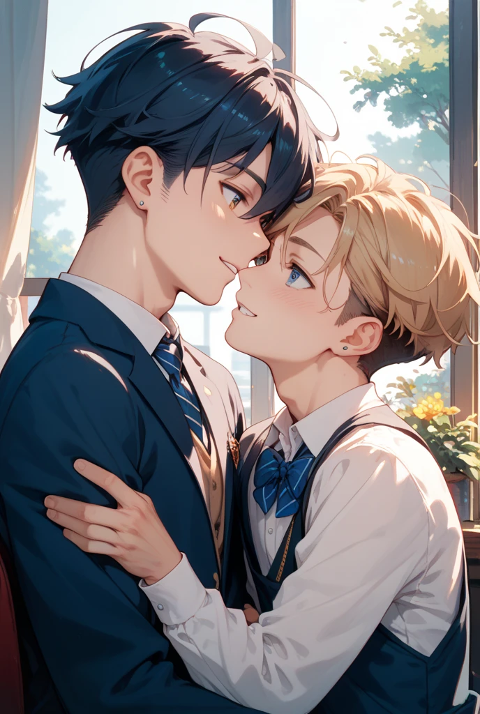 An anime boy kissing another boy alone closed in locker in school they are in love