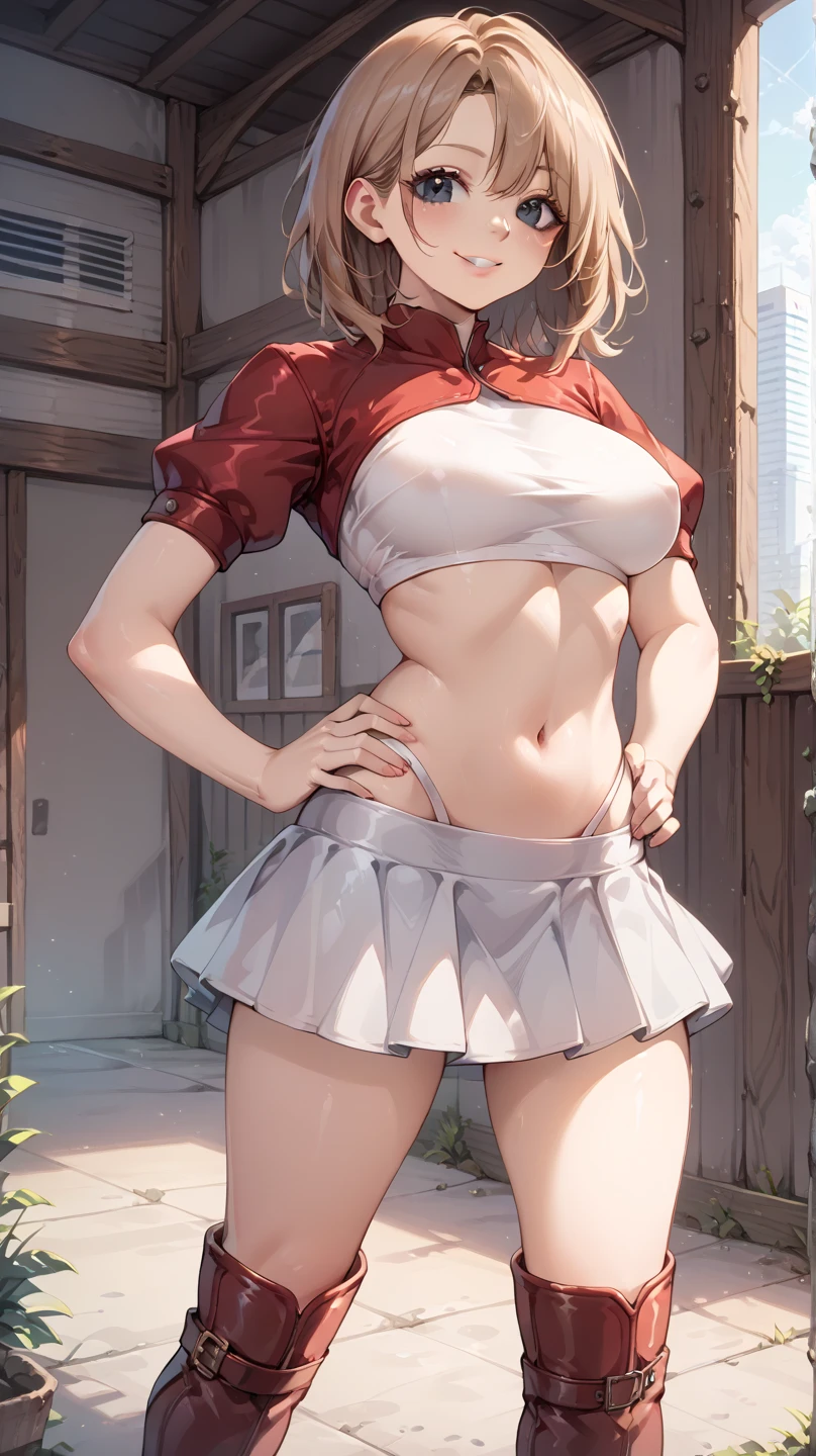 1 female,12 years old,blonde,(miniskirt and big white tank top, (), , natural smile,,frameless eyeglasses,(((leaning forward)))
