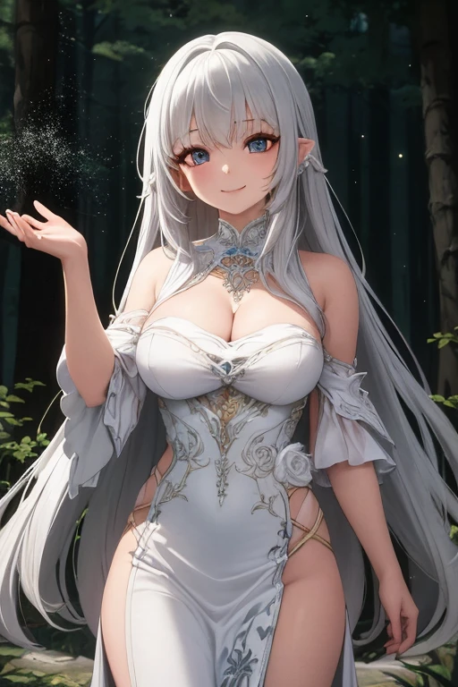 1 woman, Beautiful elf lady, silver white Long straight hair, upturn elf pointy ears, sexy figure, big breast, very beautiful face, detailed face, delicate eyes, detailed pupil, beautiful and delicate lips, blush, shy, heart, in love, light smile, white camisole long skirt, Simple and stylish, small crystal earrings, hand drawn animation, high detailed, outdoor, symmetrical clothes, best quality, masterpiece, retina,
