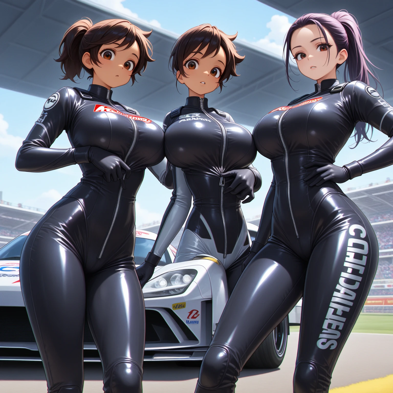(masterpiece, best quality: 1.2), pretty girl, 18 yo, (white, race queen), (fight-fitting grid girl outfit with sponsor's logo printed:1.3), tight-fitting high leg leotard, long-sleeve latex leotard, medium breasts, cowboy shot, looking at viewer,
 short hair, 