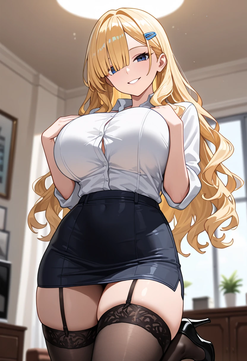 ((SFW:1.5)), (Ultra High Resolution:1.3, 8k RAW photo, photographrealistic:1.2, thin outline:1.37), (Best Quality:1.4), (Beautiful, Perfect, Detailed, Convoluted, Aesthetic:1.2), cinematic shot, (Wide Shot:1.5), Natural light, (depth of fields:1.4), Blurry background, Bokeh, Beautiful 26 years old, (Secretary:1.5, Solo:1.5), Glamorous body, Detailed face, Skin glow, Thigh Focus:0.0, Full body:1.5, (crouching、Pick up a piece of paper that has fallen on the left side of the floor, Use your left hand, Place your left knee on the floor, File on the right arm, Leaning forward), From top to center:1.0, ((Looking away, Look at the floor:1.37)), (Perfect face, Detailed face, eye line, Glossy lips), weak々Smile, (Large breasts, drooping chest, Big Tits, Narrow waist, big butts:1.3, large hips, plump thighs), ((Wearing a business suit:1.3, shirt with collar:1.1, Short pencil skirt, pantyhose, high-heels)), (With gold accessories, earrings, Bracelets), (Skindentation), Indoors:0.0, Dark mahogany medium long hair, half updo, ((Hair over one eye:1.37, Curly hair:1.5, Wavy Hair:1.5, shiny)), Beautiful mature girl, A MILF:1.2, (fine detailed beautiful eyes), Beautiful character, Stylish illustrations, ((Correct ???????:1.5, Correct hand:1.3)),