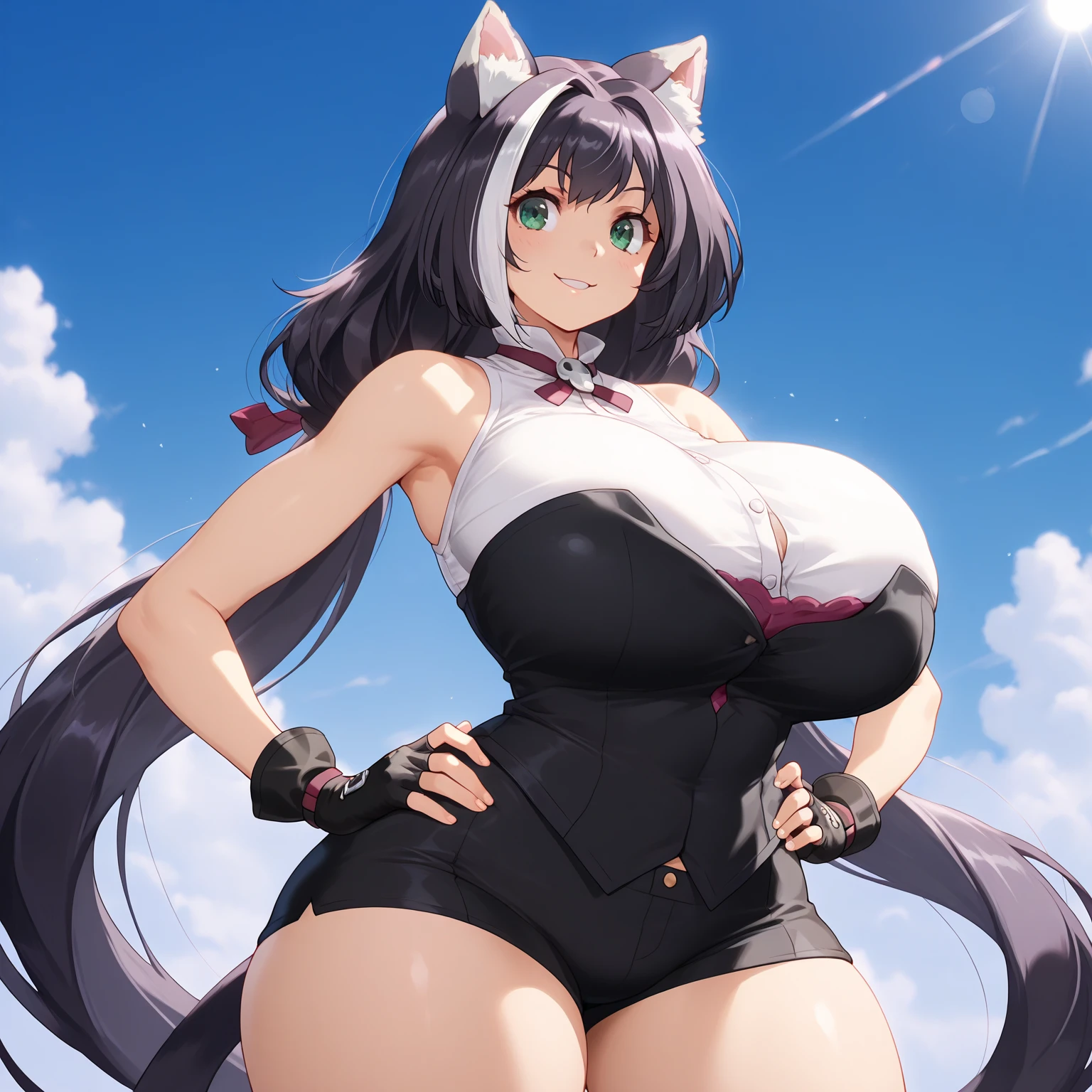 （（Highest quality，8k，T masterpiece：1.3））， Sharp focus：1.2，Pretty woman with perfect figure：1.4，（（（（（Big cleavage））），（Incredibly large breasts：1.5），Straight hair、Hair blowing in the wind（Big Hips），smile，Thin abdominal muscles：1.2，((Black Hair:1.4, Princess Cut))，Highly deしっぽed face and skin texture，Tail Eye，double eyelid、/ (Wear a white top over a black Playboy_Bunny Leotard:1.3), (Top and bottom separated clothing:1.2), (Short sleeve:1.1), ((Red Bunny Girl Costume:1.8)), (Fishnet tights:1.2), High heels, ((Rabbit&#39;s Tail:1.2, Bunny ears)), (ponytail:1.3)
