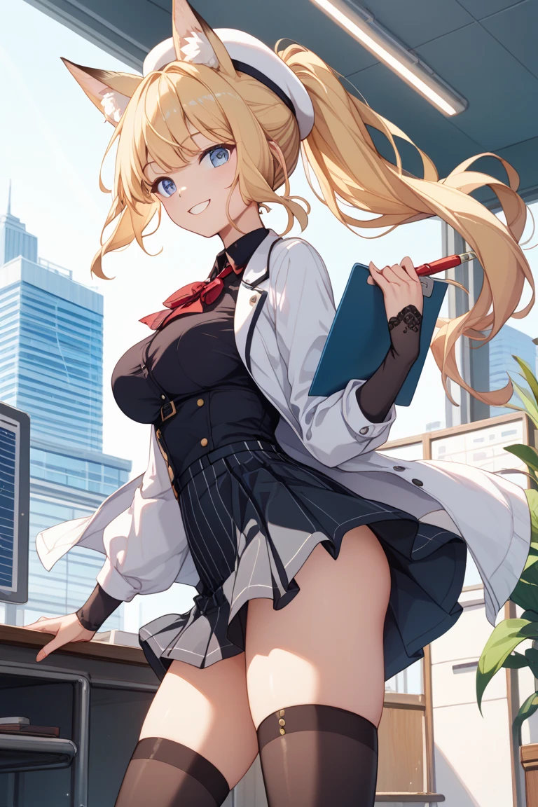 (tampo da mesa, Mais alta qualidade, high resolution, , Pixel Perfeito, 4K,), 1 garota, Solteiro, sozinho, linda mulher、Eu pude ver todo o corpo、 ((cabelo meio ondulado, franja, Cabelo castanho)), ((olhos castanhos, beautiful eyelashes, realista eyes)), ((rosto detalhado, corar:1.2)), ((textura lisa:0.75, realista texture:0.65, realista:1.1, Estilo CG de anime)), medium breasts, dynamic angle, corpo perfeito, ((, Beige sleeveless sweater with turtleneck、Saia jeans justa、meias pretas、lindo colar、brincos、Abra bem as duas pernas、ajoelhe-se)), olhar para cima、shy smile、sit on the stairs of the university campus、Angle from below、enfatizar o peito、、pink lace panties are visible、