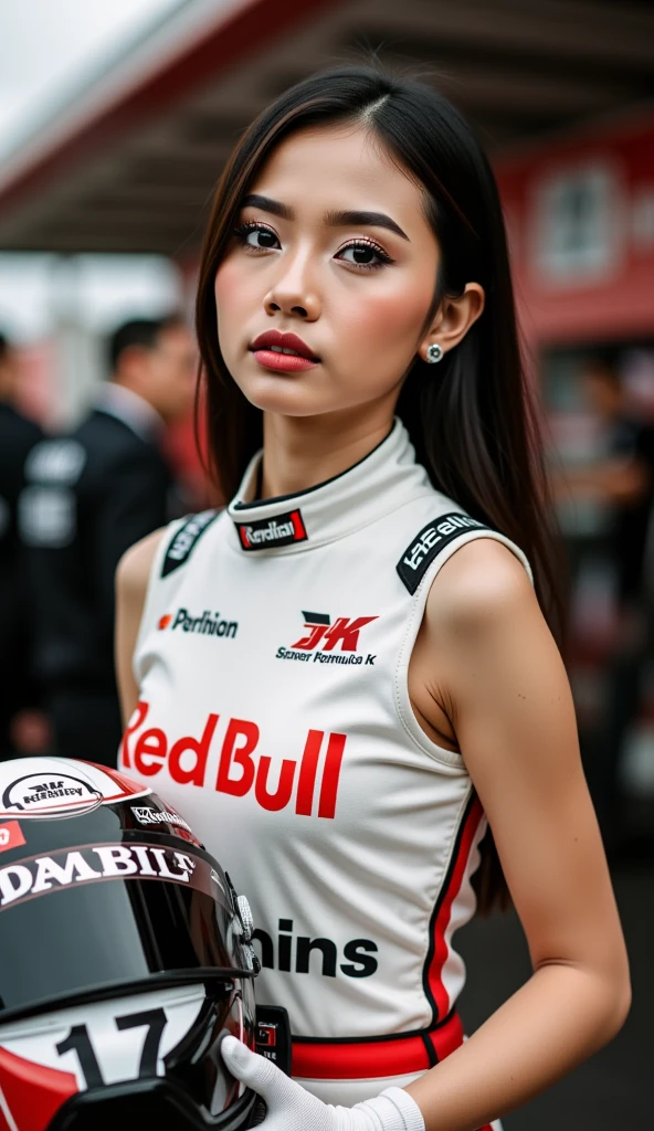 A Korean girl with a Ferrari Formula 1 team theme, with a sexy outfit referring to the Ferrari team, with black colors, red and yellow with a car referring to the Ferrari team