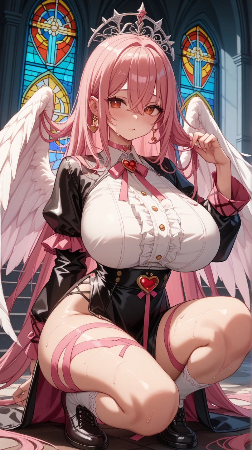 ((kinako (shiratama mochi) style)), mika_\(blue_archive\), bdsm, tied up, arms up, handcuffed, pole, armpit, (masterpiece, top quality, best quality, official art, beautiful and aesthetic:1.2), (1girl), extreme detailed, colorful, highest detailed, official art, unity 8k wallpaper, ultra detailed, beautiful and aesthetic, beautiful, masterpiece, best quality, rope on neck, topless, attic window, nipples, stomach, mika, halo, sleeveless, bare shoulder, pink hair, white pantyhose, smiling, large breasts, angel wings, goth, bedroom, frills, night sky, kneeling, bed, slim waist, hands tied in 2 poles, navel, white skirt