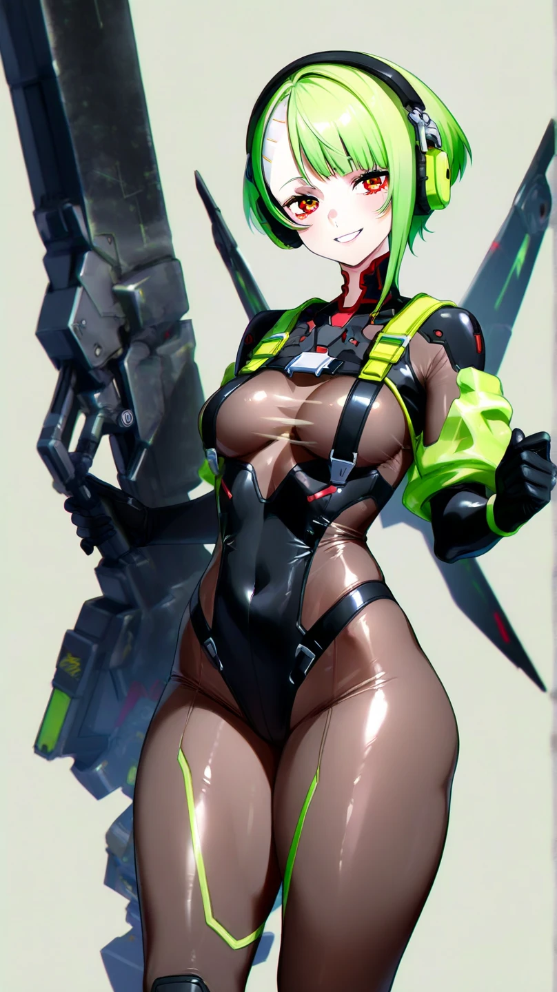 1girl, green hair, very short hair, yellow eyes, futuristic, science-fiction, neon lights, neon trim, black bikini, highleg, highleg bikini, smile, light smile, gloves, machinery, tech, green trim, thighhighs, large breasts, full body, ((full body)), standing, high heels, black thighhighs, hourglass figure, mature female, milf