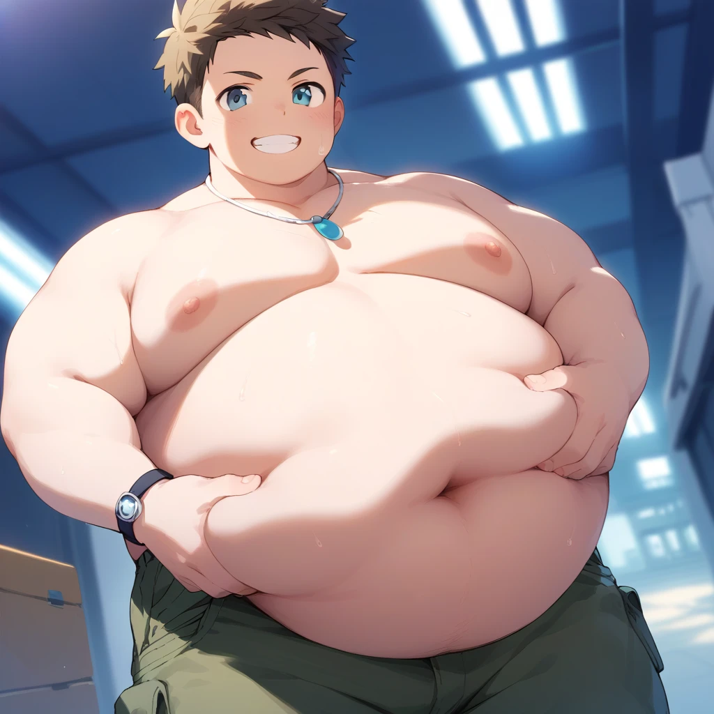 masterpiece, top quality, cute naked teen boy with maximum fat reserves, ridiculously fat boy, very tall boy, small room, big boy has a big body, he has large chest and a fat flabby belly, huge belly bulging and sagging under his weight, his belly is full of fat and flabby and almost touching the floor, flabby belly on the floor, very heavy, big flabby fat boy, big nipples, cute, NSFW, sexually suggestive, anime fat, bulging, bangs, yaoi, sweating, blushing, {{detailed face}}, {{high quality}}, {{detailed eyes}}, shirtless, full body, fat that jiggles violently every time he moves, likes to crush people with his fat, whole body covered in fat, belly apron, cellulite, ridiculously protruding belly, SSBHM, super chubby, chunks of meat, overwhelmingly flabby fat belly, Surprisingly large waist