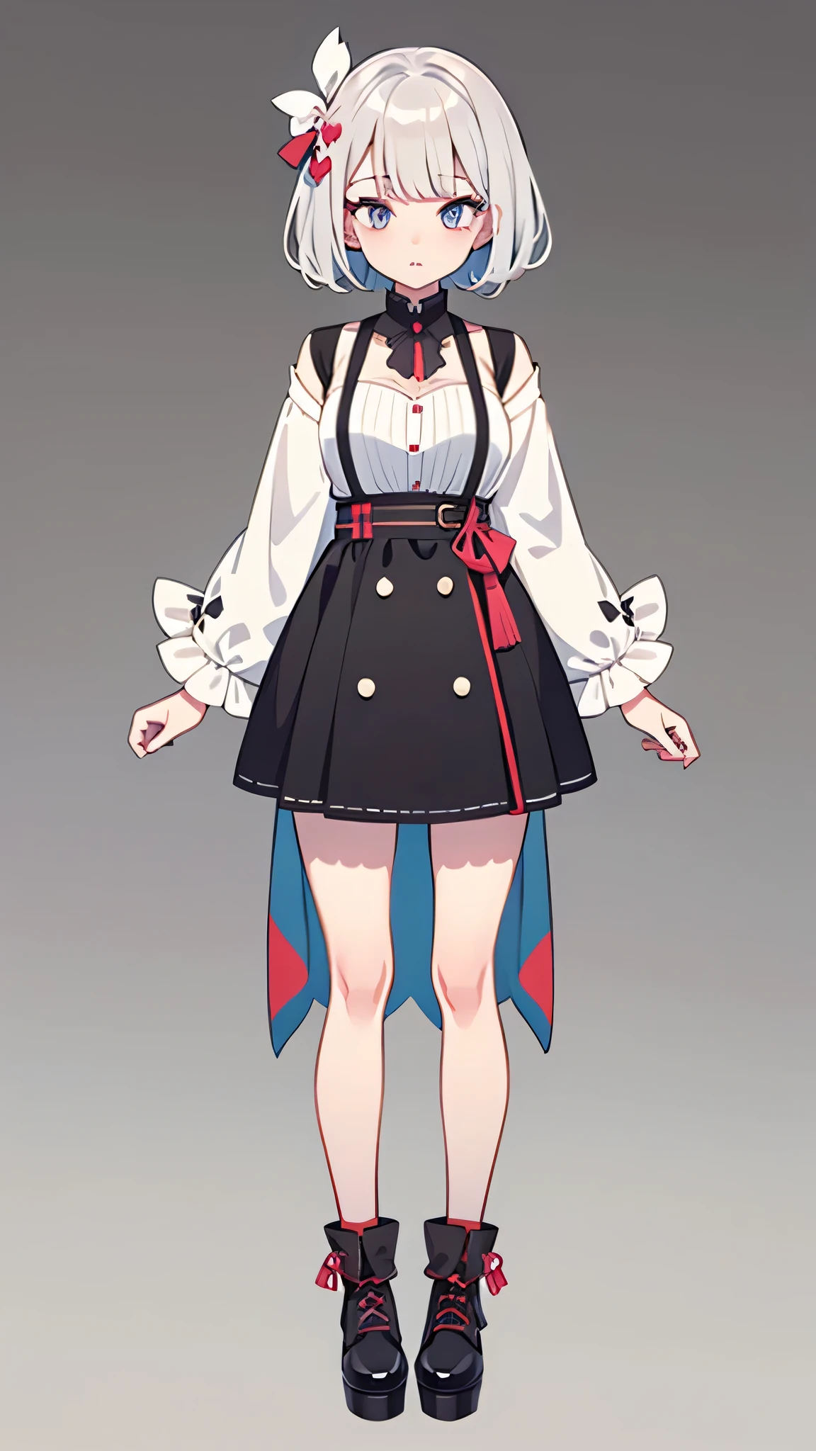 ((upright)), ((Arms at your sides)), Looking at the audience, Simple Background、White Background, 1 girl, Open your mouth, smile, Virtual YouTuber、With a girl、((Highest quality, expensive_solve, clear_image)),(Black Hair), (Black cat ears), (Ahoge), (Ridiculously short hair), (Wavy Hair),Red earring color (blue eyes),、Laughter、Very large breasts、whole body、I can see her cleavage、(wearing shoes on feet), (is wearing like the police dress shirt),((Suspender belts)),black necktie,holster,Pocket to hold a gun,((good girl)), detailed and beautiful eyes man, good looking,((an extremely delicate and beautiful)),make the eyes the same shape and color on both sides,Character Sheet,Character Reference Sheet, ((View from the front)) Symmetrical elements in clothing,