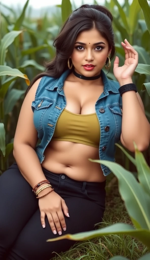 (best quality,masterpiece) desi Indian woman wearing (crop top:1.1) and (denim skirt:1.2), (curvy body), (chubby cheeks), (eyeglasses), (bangles), An Indian (desi) beauty, charismatic, dark-skin, view the viewer, naughty smile, in a beach, (ultra high res,photorealistic:1.4,UHD)
