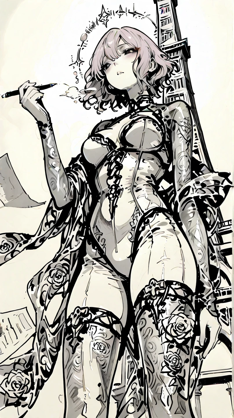 Kaine,  <lora:KaineV1-000007:1>, (2d:1.2), 1girl, flower, solo, medium_breasts, hair_ornament, braid, negligee, elbow_gloves, one boot, bandages,  bandaged_leg, hair_flower, yellow_eyes, full_body,  ( monochrome, pencil drawing, drawn on paper, sketch, rough_sketch:1.3),  fantasy, destroyed overgrown city background