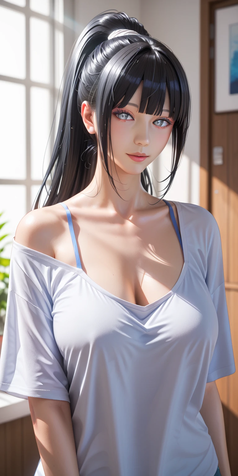 tmasterpiece, best qualityer, ultra - detailed, illustration,1girll,
long whitr hair,dark-blue hair,french braid,Purple eye,bluntbangs,cleavage,Large breasts
shirt,
mideum breasts,
looking at viewert,hyouka/(Boruto/),Detailed lips