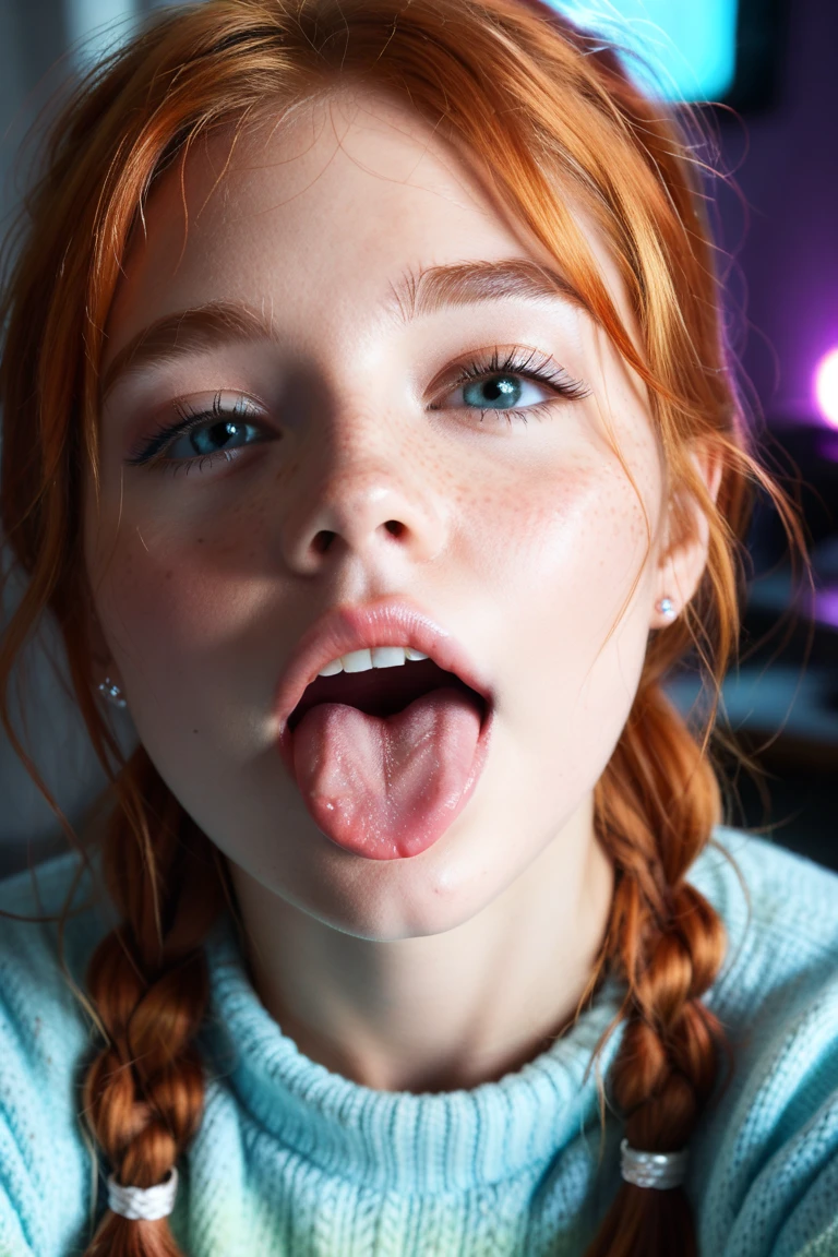 A teen girl getting fucked from the back, doggy style, penis in pussy, teenager, skinny, red hair, pigtails, freckles, on the bed, pain, agony, ahegao, mouth wide open, tongue sticking out, smoke in mouth, smoke coming out of mouth, exhaling smoke