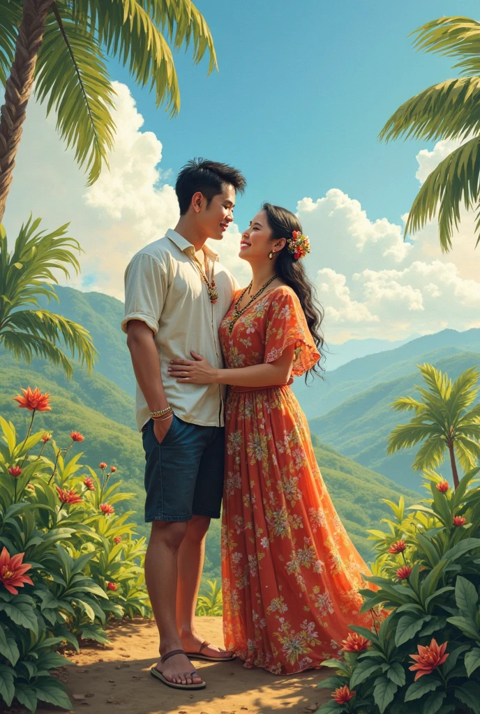 Realistic 5D caricature . a 20 year old Indonesian woman wearing a transparent white dress, mini skirt, updo hairstyle, (the girl bites her lower lip while closing her eyes) is breastfeeding a man who is on her lap, hugging him intimately, a warm romantic hug, in a greenhouse, outside you can see the beach , evening.