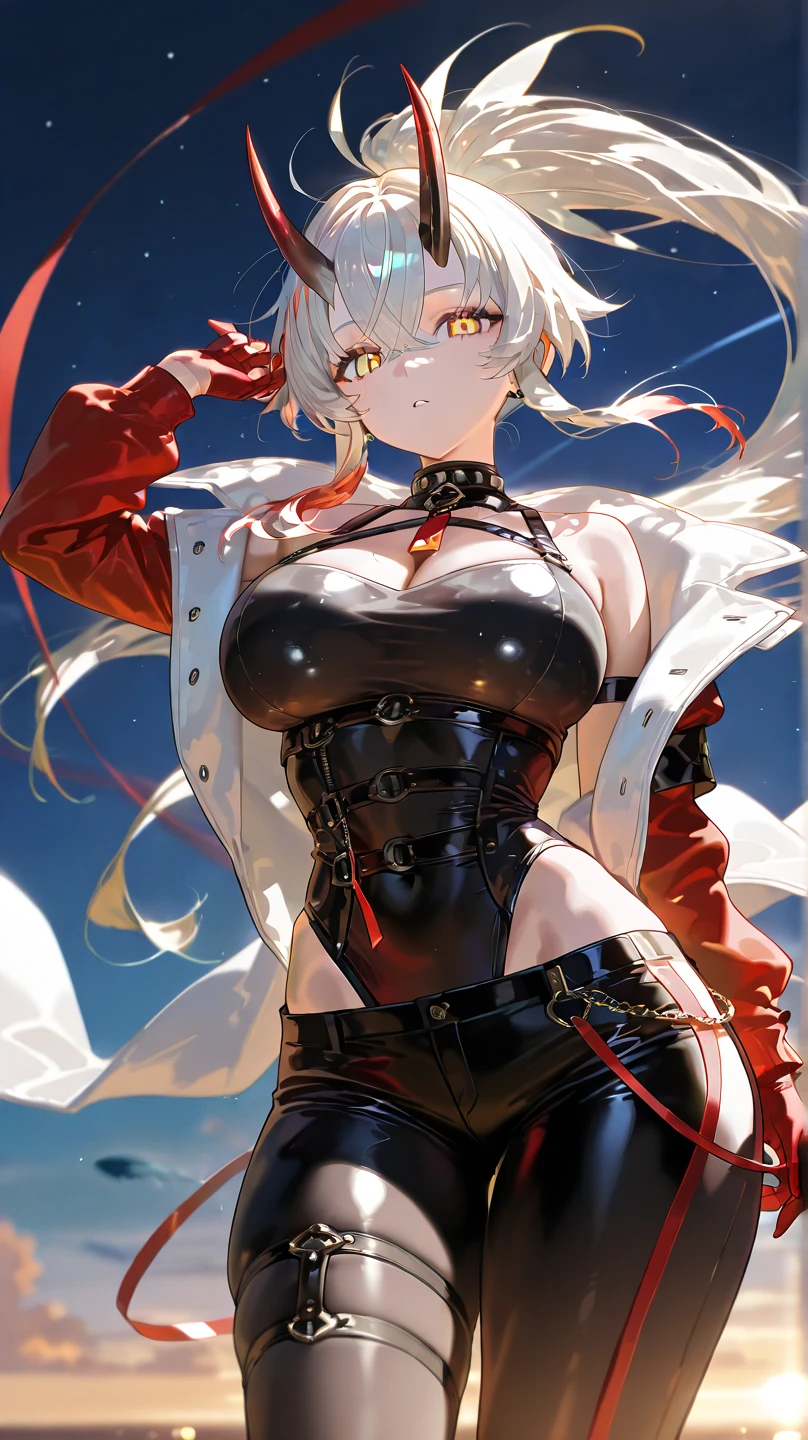 ((masterpiece)),(bestquality),((ultra-detailed)), ((beautiful detailed sky)), ((cinematic lighting)), depth of field, (dynamic angle),detailed lighting,(beautiful detailed eyes), ((night city view)),red lip, eyeshadow,large breast, ((sexy)), cleavage, navel, after cum, cum on body, noelledef, noellernd