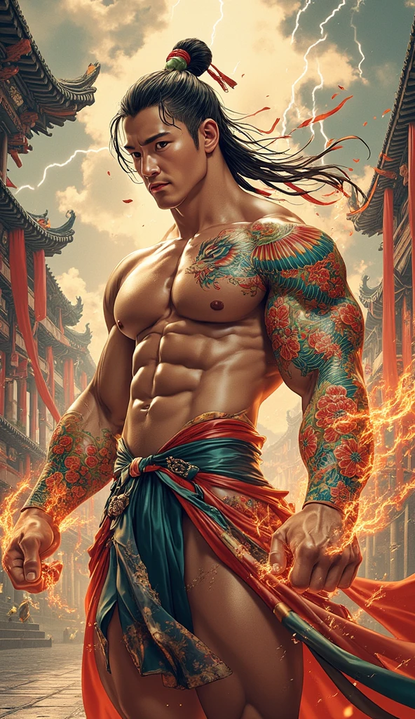Dicas: foto de corpo inteiro, design de personagem do jogo, Bruce Lee jogos mortais, Walking towards the camera, corpo de topless, Hands in pockets, smoke billowing, olhos vazios, personagem Hokuto Shinken, Kenjiro, luz lateral superior, rua da cidade deserta (distant view, profundidade de campo borrada), elevation perspective - AR 10:16 - Expression of style