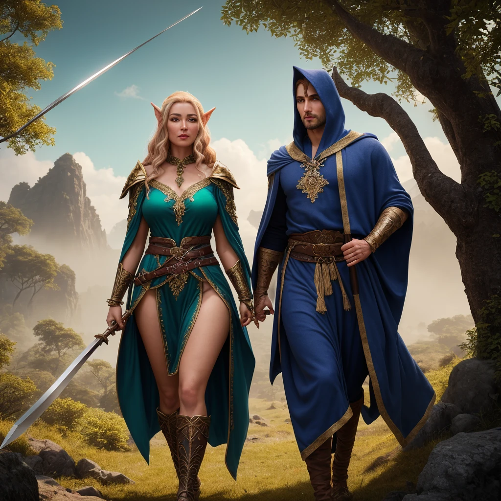 A man and a woman, the man is an elven wizard with long blue hair and blue robes, the woman is a muscular human with blonde braided hair and armor made of furs, dnd characters, fantasy
