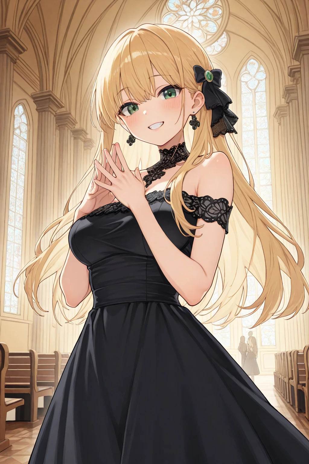 Safe for work, masterpiece, best quality, solo, 1 girl, (young female body:1.4), (medium small breasts), golden yellow hair, extra long hair, blunt bangs, crystal blue eyes, very detailed eyes, smiling, cute girl, cowboy shot, detailed eyes, gothic, black gothic fashion, pantyhose, cathedral backgroumd, church, hair ribbon, long sleeves