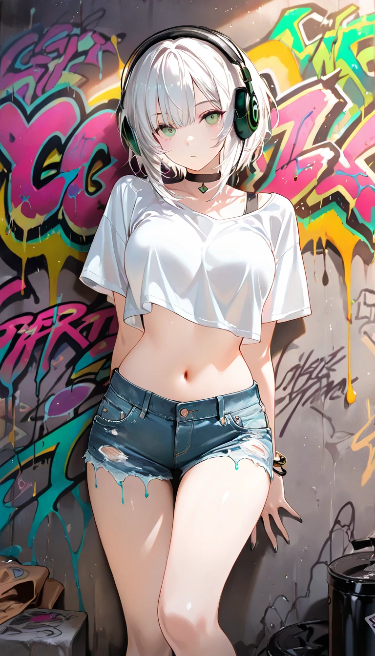 high-key and low-variance brightness scale,soft light,realistic light and shadow, light and dark interlaced,(cowboy shot:1.3),female focus,looking at viewer,dramatic angle,(solo:1.6)
(masterpiece),(best quality),(highres),(by famous artist),(((official art))),(by Paul Hedley),(illustration),(graffiti:1.5),(paint splatter:1.3),
1girl,(frieren:1.6),(elf:1.4),fashionable female
(small breasts:1.3),(underboob:1.5),(whole body),(paint on face:1.2),(round face),(pointy ears),(slim legs),(skinny body),(detailed beautiful face),lustrous skin,shiny skin,(articulated fingers),(sweat),navel,midriff,((fullness lips))
(white tank top:1.4),(thong:1.4),(frayed denim shorts),(white socks),(sport shoes),(off shoulders),(belly chain),belt,hair ornament,heart-shaped earrings,silver bracelet,black choker
outdoor,(summer),street,graffiti wall
((seductive smile)),blush,((standing)),(hand on hip)
(sunglasses:1.3),(green eyes)
(white hair),long hair,twintails,parted bangs,(reflective hair),