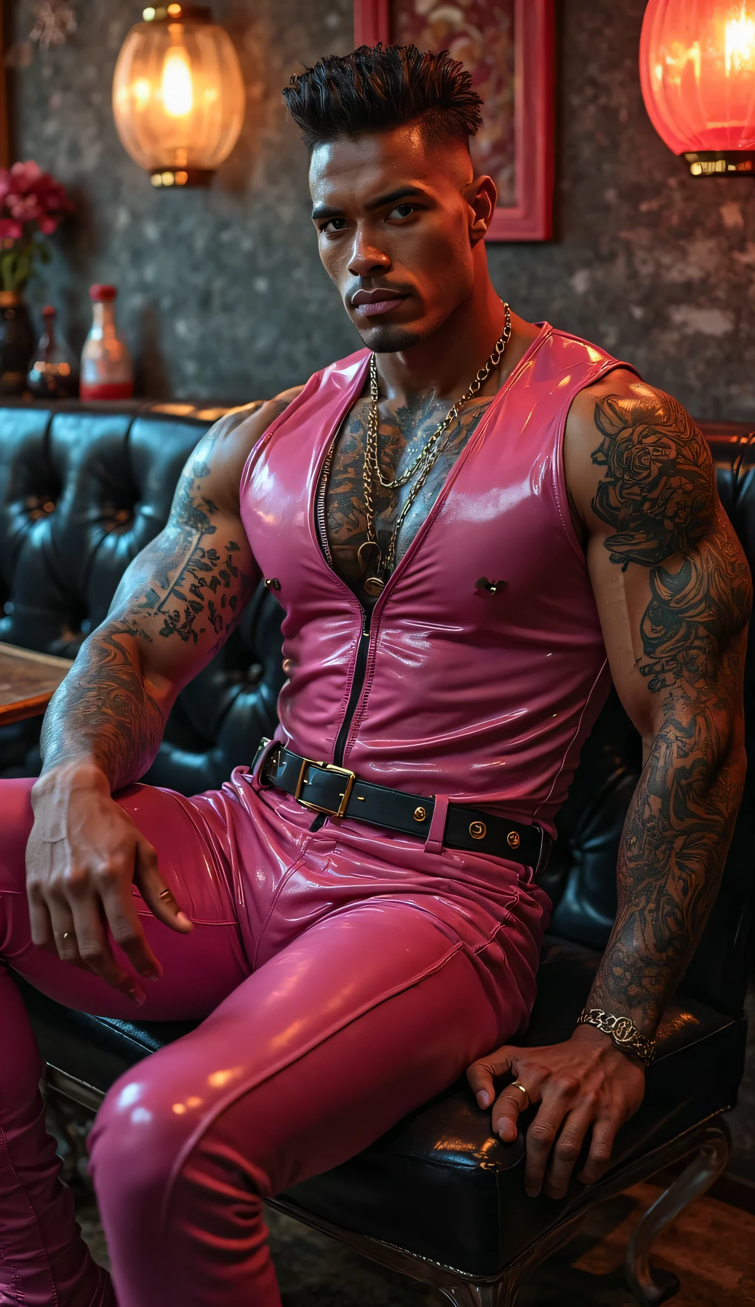 Fullbody standing picture of white skin Handsome muscular horny nude sexy gay man wearing sexy shiny latex pink harness, shiny black Disconnected Pompadour hair style, blue eyes, shiny black varnished vinyl shoes, red lip, chain, tattoos, horny, cum shot, sperm, milking penis, big penis, very big testicle, shiny oiled skin, orgasm, oversexed, standing at pool.