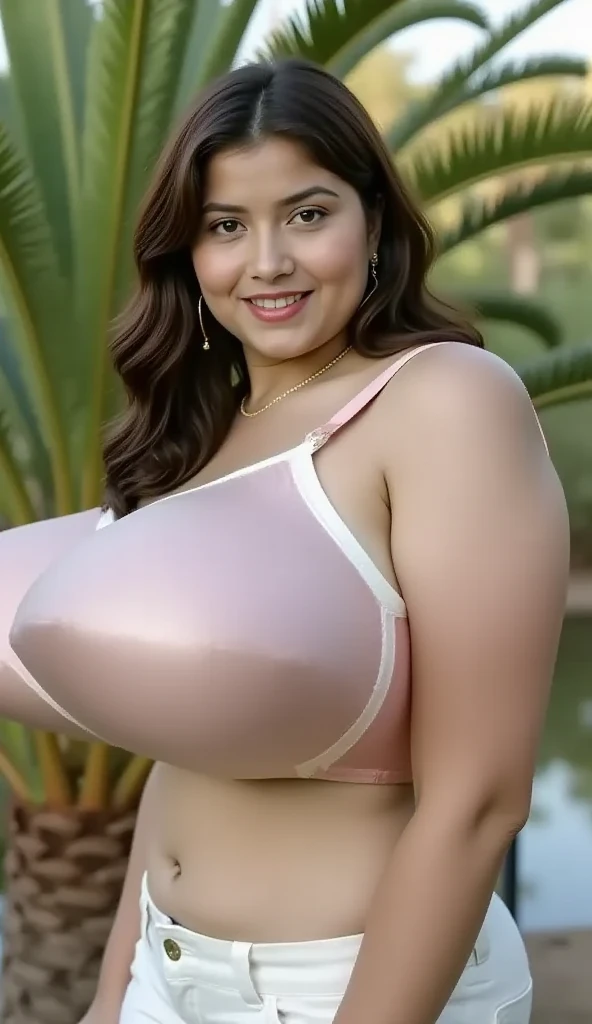 Pandora Peaks, portrait, Face portrait, red lips, smiling, cleavage, Voluptuous woman, Chubby woman, (thicc Ass, wide hips) | Overflowing sideboob | Overflowing underboob) straight hair, dirtyblond hair, Long hair, tank-top and yoga-pants, showing abdomen,l