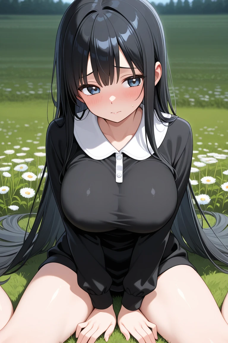 Long black hair、Emerald Eyes、smile、Black Skirt、in the forest,Big Breasts